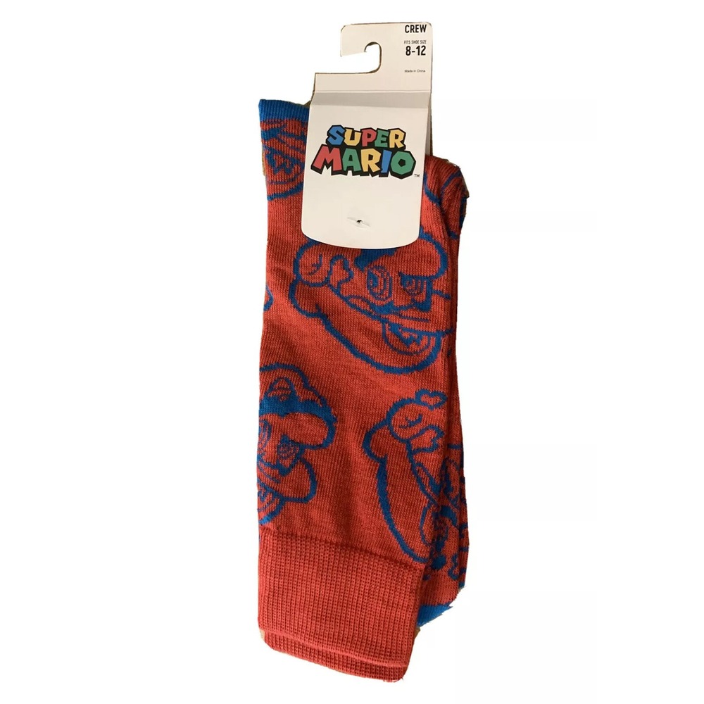 Nintendo Super Mario Mens Socks Crew 10-13 Fits Shoe 8-12 New with Tags Red Blue